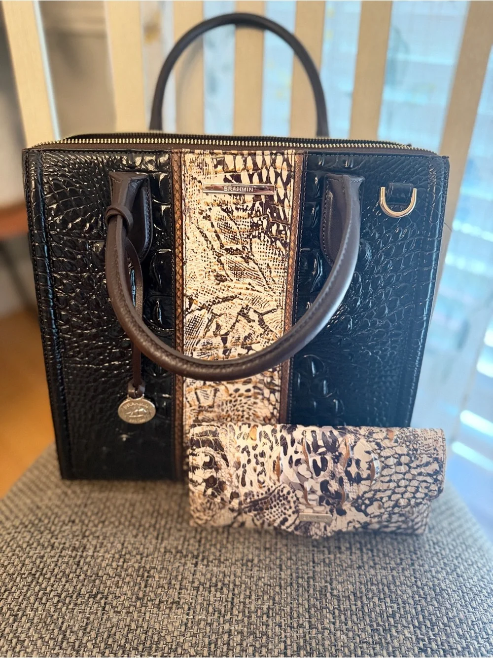 Brahmin Black Croc-Embossed Satchel with Snake-Print Panel and Matching Wallet
